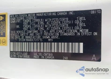 2013 Lexus Rx 350 from USA, damaged, VIN 2T2ZK1BA8DC131715